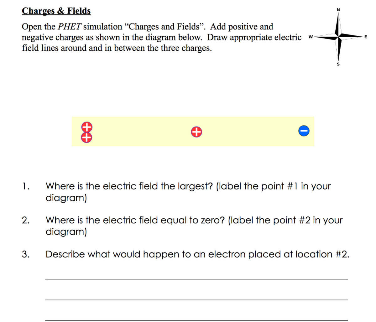 Charges & Fields
Open the PHET simulation “Charges and Fields". Add positive and
negative charges as shown in the diagram below. Draw appropriate electric w-
field lines around and in between the three charges.
Where is the electric field the largest? (label the point #1 in your
diagram)
1.
Where is the electric field equal to zero? (label the point #2 in your
diagram)
2.
3.
Describe what would happen to an electron placed at location #2.
