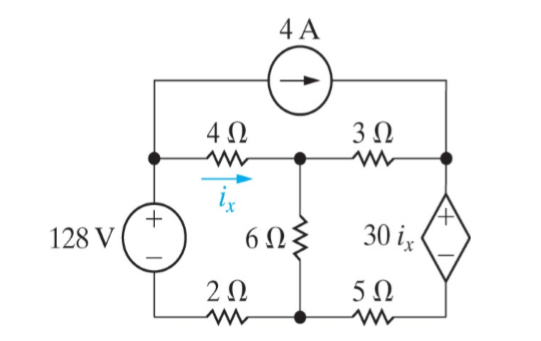 4 A
3Ω
128 V
6Ωξ
30 iz
