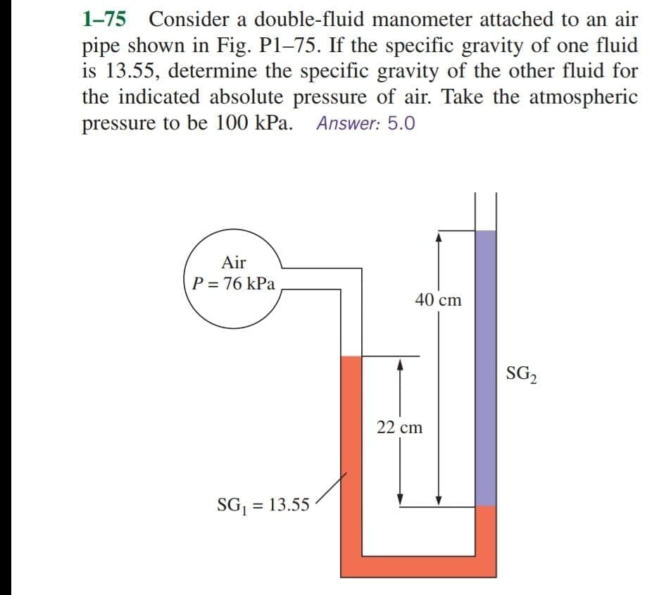 1-75 Consider a double-fluid manometer attached to an air
pipe shown in Fig. P1-75. If the specific gravity of one fluid
is 13.55, determine the specific gravity of the other fluid for
the indicated absolute pressure of air. Take the atmospheric
pressure to be 100 kPa.
Answer: 5.0
Air
P = 76 kPa
40 cm
SG2
22 сm
SG¡ = 13.55
