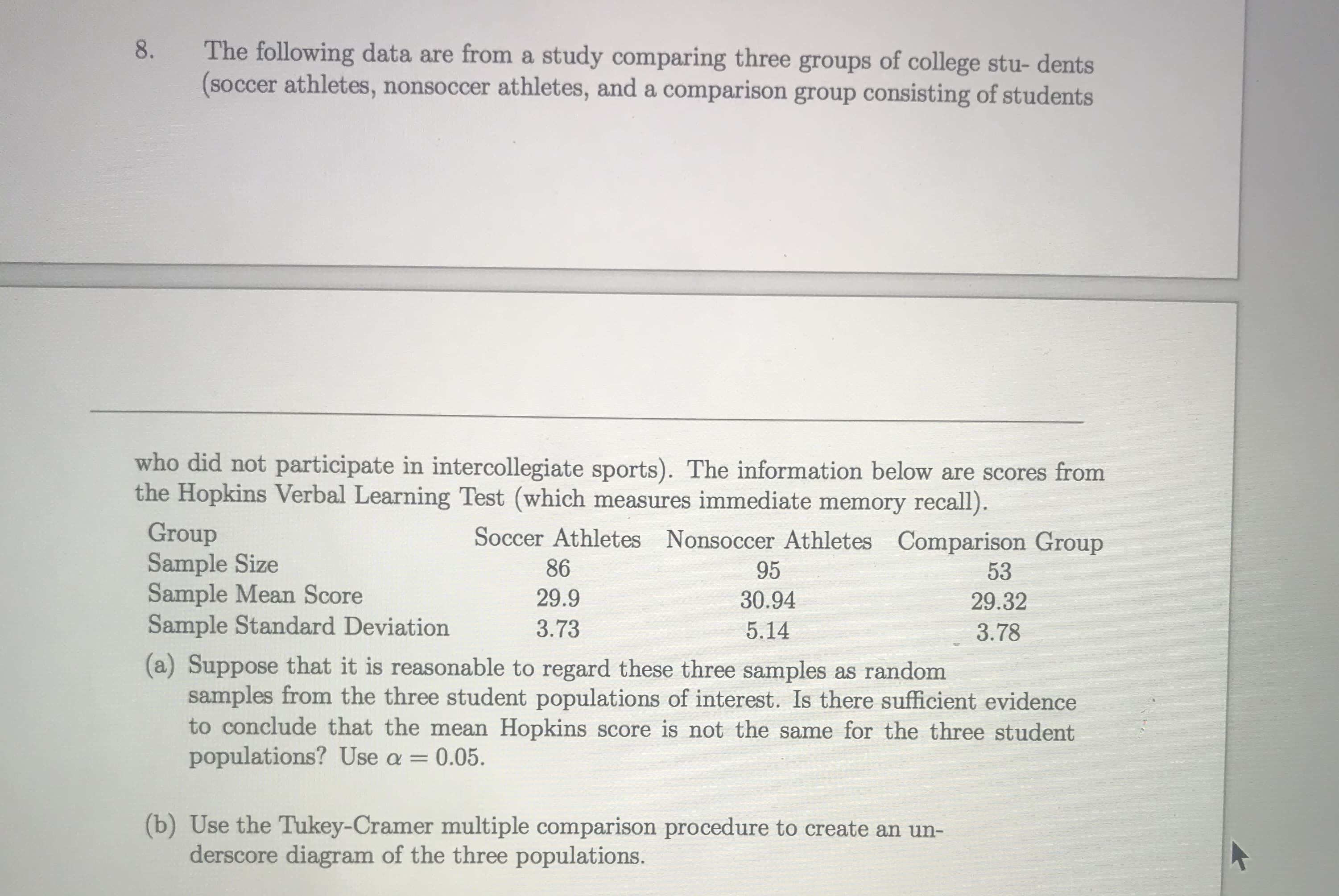 Suppose that it is reasonable to regard these three samples as random
samples from the three student populations of interest. Is there sufficient evidence
to conclude that the mean Hopkins score is not the same for the three student
populations? Use a =
0.05.
