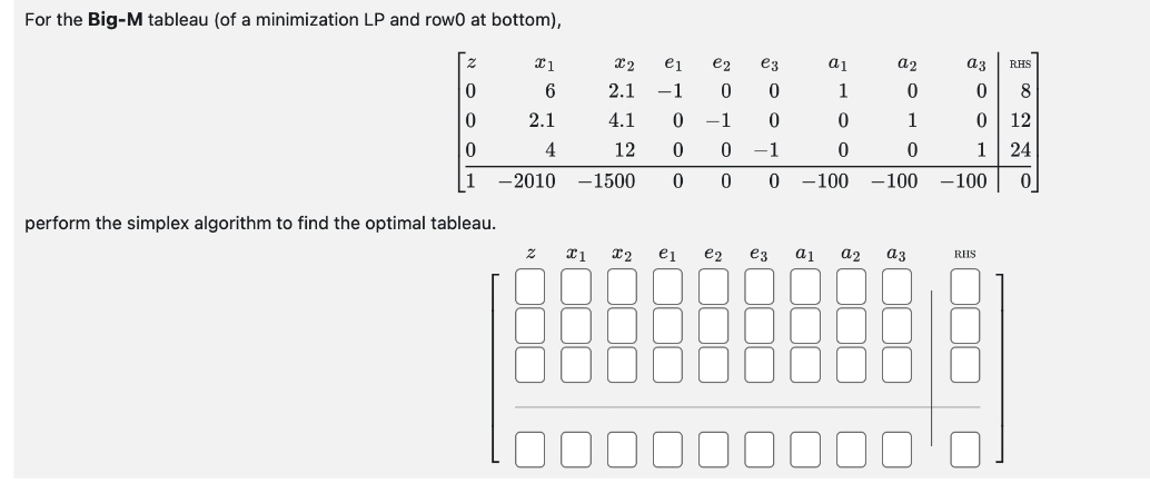 For the Big-M tableau (of a minimization LP and row0 at bottom),
0
0
0
perform the simplex algorithm to find the optimal tableau.
X1
6
2.1
4
-2010
X2 e₁ e2
2.1
-1
0
4.1
0
-1
12
0
-1500
0
Z X1 X2
5
e1
e3
0
e2
a 1
1
0
0
0 -100
0
0 -1
0
e3 a1 a2
a2
0
1
0
-100
a3
a3 RHS
0
8
0
1
-100
RHS
12
24
0