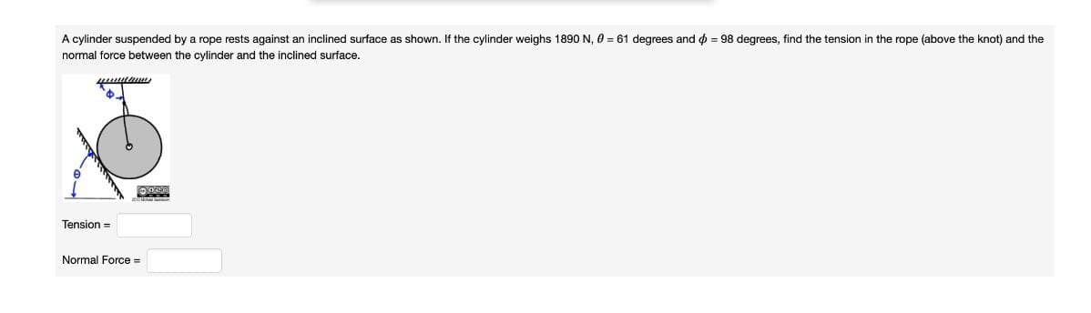 A cylinder suspended by a rope rests against an inclined surface as shown. If the cylinder weighs 1890 N, 0 = 61 degrees and o = 98 degrees, find the tension in the rope (above the knot) and the
normal force between the cylinder and the inclined surface.
Tension =
Normal Force =
