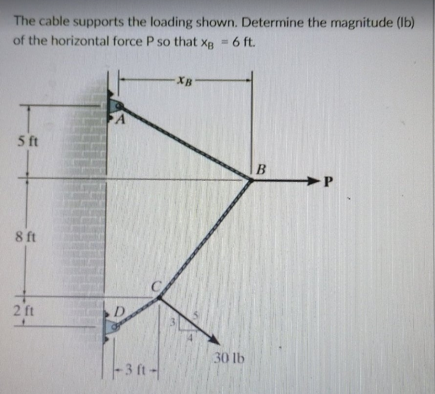 The cable supports the loading shown. Determine the magnitude (Ib)
of the horizontal force P so that xg 6 ft.
XB
5 ft
P
8 ft
2 ft
30 lb
-3 ft-

