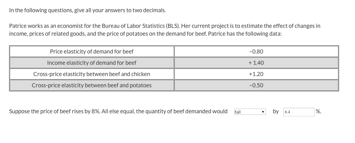 In the following questions, give all your answers to two decimals.
Patrice works as an economist for the Bureau of Labor Statistics (BLS). Her current project is to estimate the effect of changes in
income, prices of related goods, and the price of potatoes on the demand for beef. Patrice has the following data:
Price elasticity of demand for beef
-0.80
Income elasticity of demand for beef
+ 1.40
Cross-price elasticity between beef and chicken
+1.20
Cross-price elasticity between beef and potatoes
-0.50
Suppose the price of beef rises by 8%. All else equal, the quantity of beef demanded would
fall
by 6.4
%.
