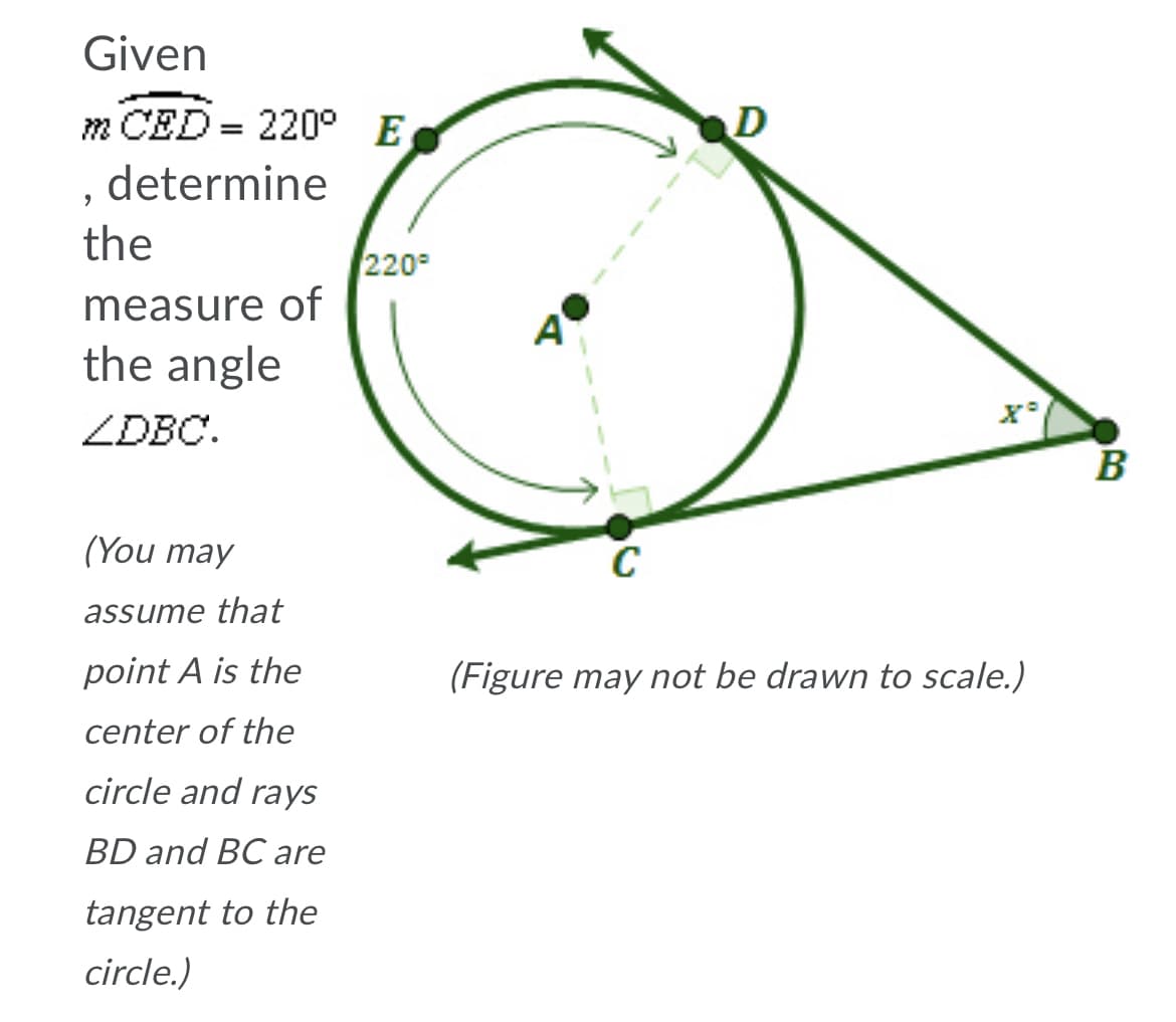 Given
m CED = 220° E
, determine
the
220
measure of
A
the angle
ZDBC.
B
(You may
assume that
point A is the
(Figure may not be drawn to scale.)
center of the
circle and rays
BD and BC are
tangent to the
circle.)
