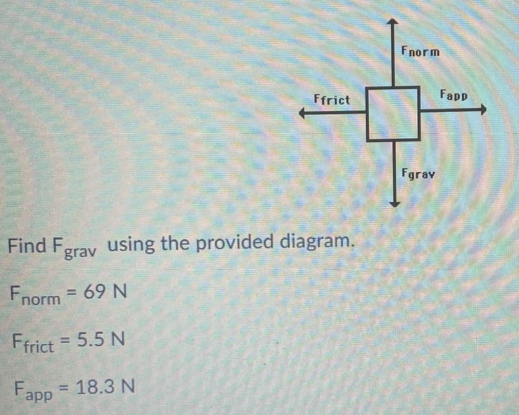 Fnorm
Ffrict
Fapp
Fgrav
Find F,
grav
using the provided diagram.
Fnorm = 69 N
%3D
Ffrict = 5.5 N
%3D
Fapp = 18.3 N
