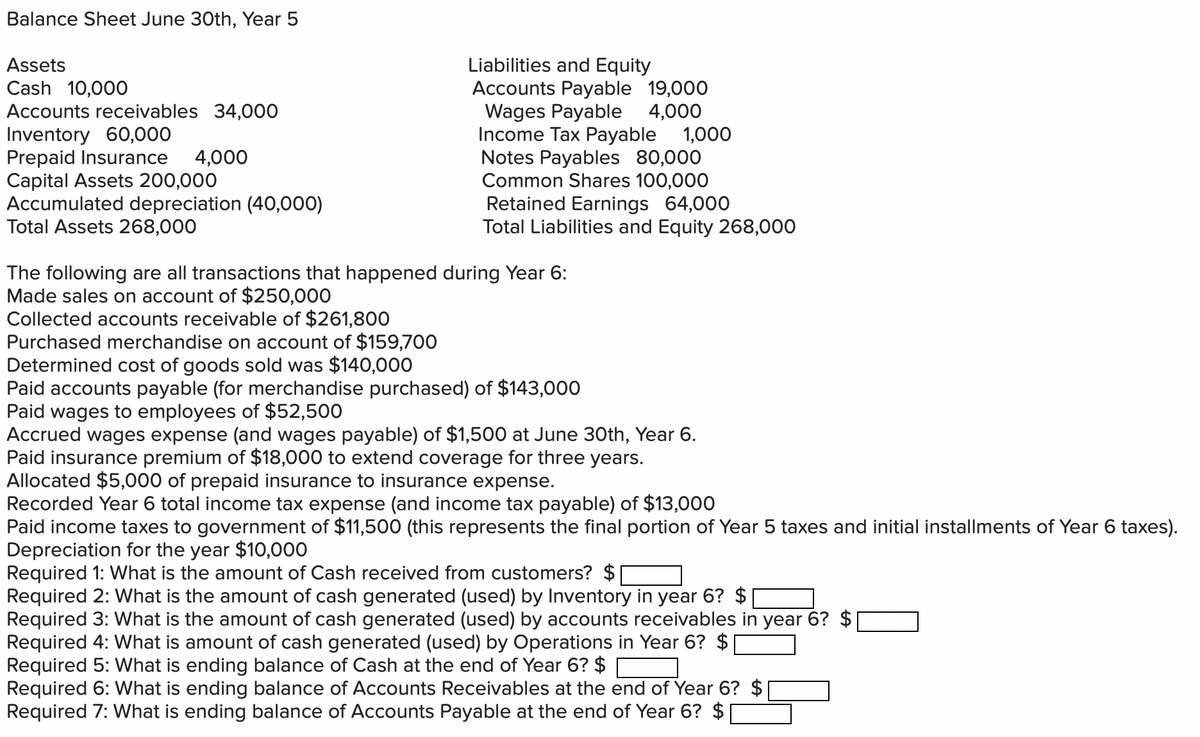 Balance Sheet June 30th, Year 5
Assets
Cash 10,000
Accounts receivables 34,000
Inventory 60,000
Prepaid Insurance 4,000
Capital Assets 200,000
Accumulated depreciation (40,000)
Total Assets 268,000
Liabilities and Equity
Accounts Payable 19,000
Wages Payable 4,000
Income Tax Payable 1,000
Notes Payables 80,000
Common Shares 100,000
Collected accounts receivable of $261,800
Purchased merchandise on account of $159,700
Retained Earnings 64,000
Total Liabilities and Equity 268,000
The following are all transactions that happened during Year 6:
Made sales on account of $250,000
Determined cost of goods sold was $140,000
Paid accounts payable (for merchandise purchased) of $143,000
Paid wages to employees of $52,500
Accrued wages expense (and wages payable) of $1,500 at June 30th, Year 6.
Paid insurance premium of $18,000 to extend coverage for three years.
Allocated $5,000 of prepaid insurance to insurance expense.
Recorded Year 6 total income tax expense (and income tax payable) of $13,000
Paid income taxes to government of $11,500 (this represents the final portion of Year 5 taxes and initial installments of Year 6 taxes).
Depreciation for the year $10,000
Required 1: What is the amount of Cash received from customers? $
Required 2: What is the amount of cash generated (used) by Inventory in year 6? $
Required 3: What is the amount of cash generated (used) by accounts receivables in year 6? $
Required 4: What is amount of cash generated (used) by Operations in Year 6? $
Required 5: What is ending balance of Cash at the end of Year 6? $
Required 6: What is ending balance of Accounts Receivables at the end of Year 6? $
Required 7: What is ending balance of Accounts Payable at the end of Year 6? $