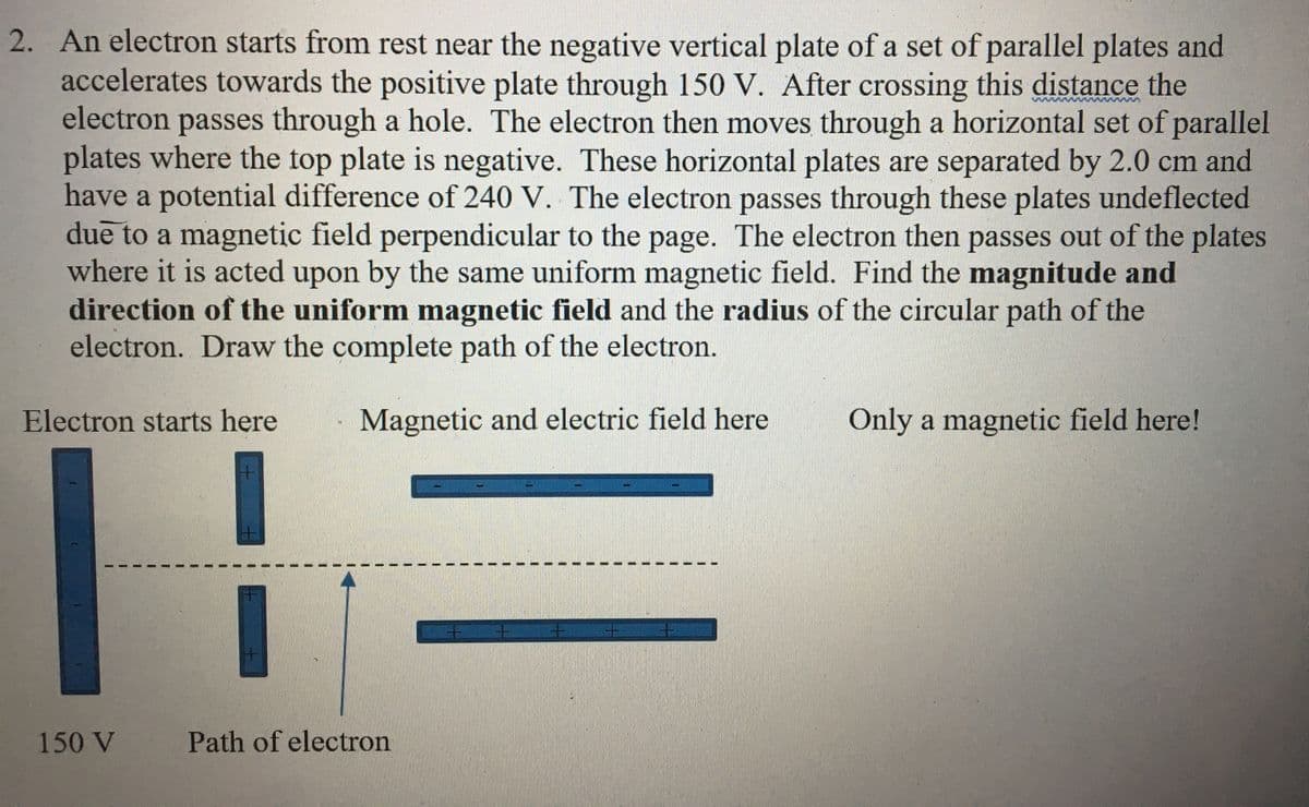 2. An electron starts from rest near the negative vertical plate of a set of parallel plates and
accelerates towards the positive plate through 150 V. After crossing this distance the
electron passes through a hole. The electron then moves through a horizontal set of parallel
plates where the top plate is negative. These horizontal plates are separated by 2.0 cm and
have a potential difference of 240 V. The electron passes through these plates undeflected
due to a magnetic field perpendicular to the page. The electron then passes out of the plates
where it is acted upon by the same uniform magnetic field. Find the magnitude and
direction of the uniform magnetic field and the radius of the circular path of the
electron. Draw the complete path of the electron.
Electron starts here
Magnetic and electric field here
Only a magnetic field here!
150 V
Path of electron
