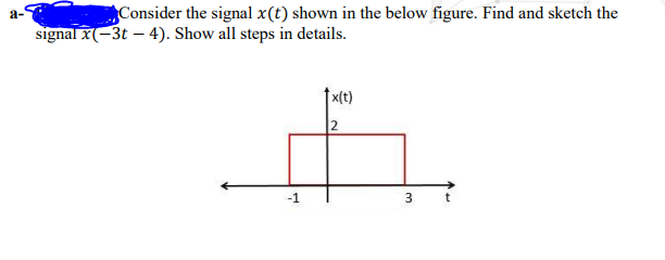 Consider the signal x(t) shown in the below figure. Find and sketch the
a-
signal x(-3t – 4). Show all steps in details.
†x(t)
-1
