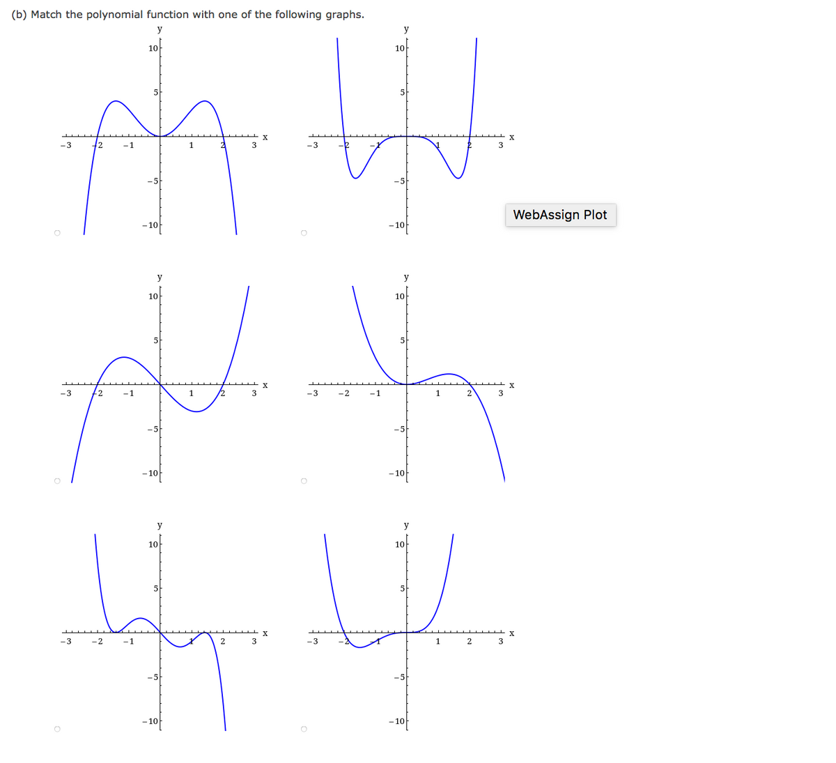 (b) Match the polynomial function with one of the following graphs.
y
y
10
10
-3
-1
1
3
-3
3
WebAssign Plot
– 10
-10
y
y
10
10
5
-3
-1
1
3
-3
-2
-1
3
– 10
-10
y
y
10
10
-3
-2
-1
3
-3
1
3
–10
- 10
