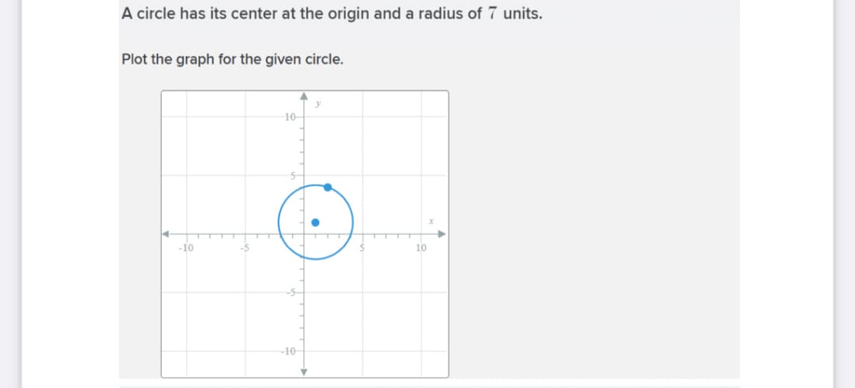 A circle has its center at the origin and a radius of 7 units.
Plot the graph for the given circle.
y
10
-10
10
-10-
