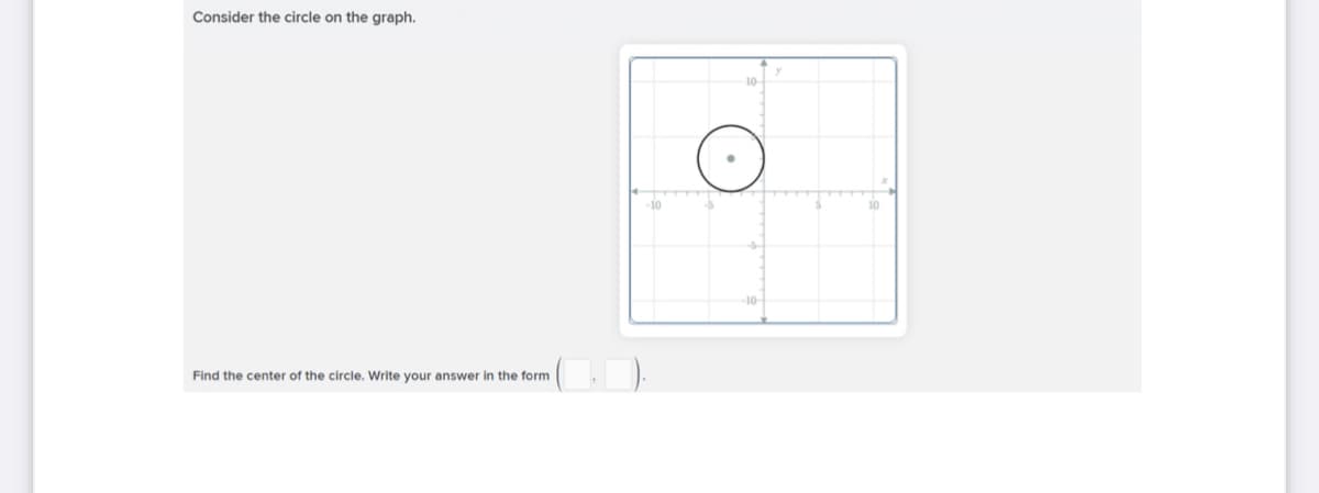 Consider the circle on the graph.
-10
Find the center of the circle. Write your answer in the form
