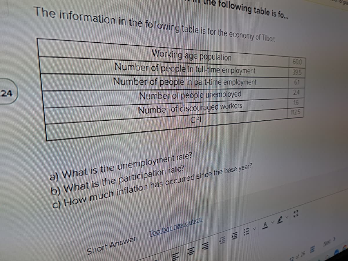 the following table is fo...
The information in the following table is for the economy of Tibor:
Working-age population
Number of people in full-time employment
Number of people in part-time employment
Number of people unemployed
Number of discouraged workers
CPI
a) What is the unemployment rate?
b) What is the participation rate?
c) How much inflation has occurred since the base year?
Short Answer
Toolbar navigation
60.0
39.5
6.1
24
16
112.5
EEVAVAVA
12 of 26
Next >