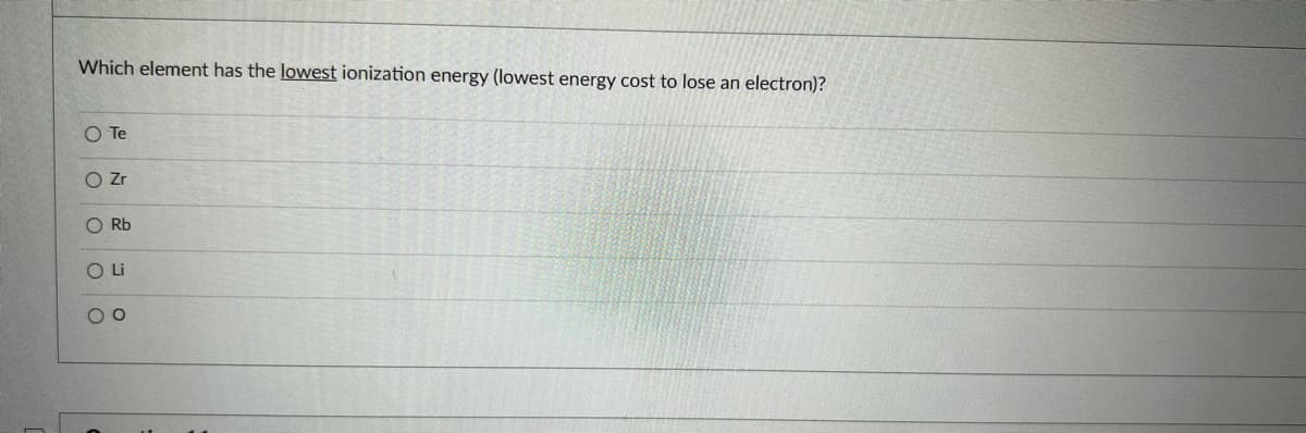 Which element has the lowest ionization energy (lowest energy cost to lose an electron)?
O Te
O Rb
O Li
