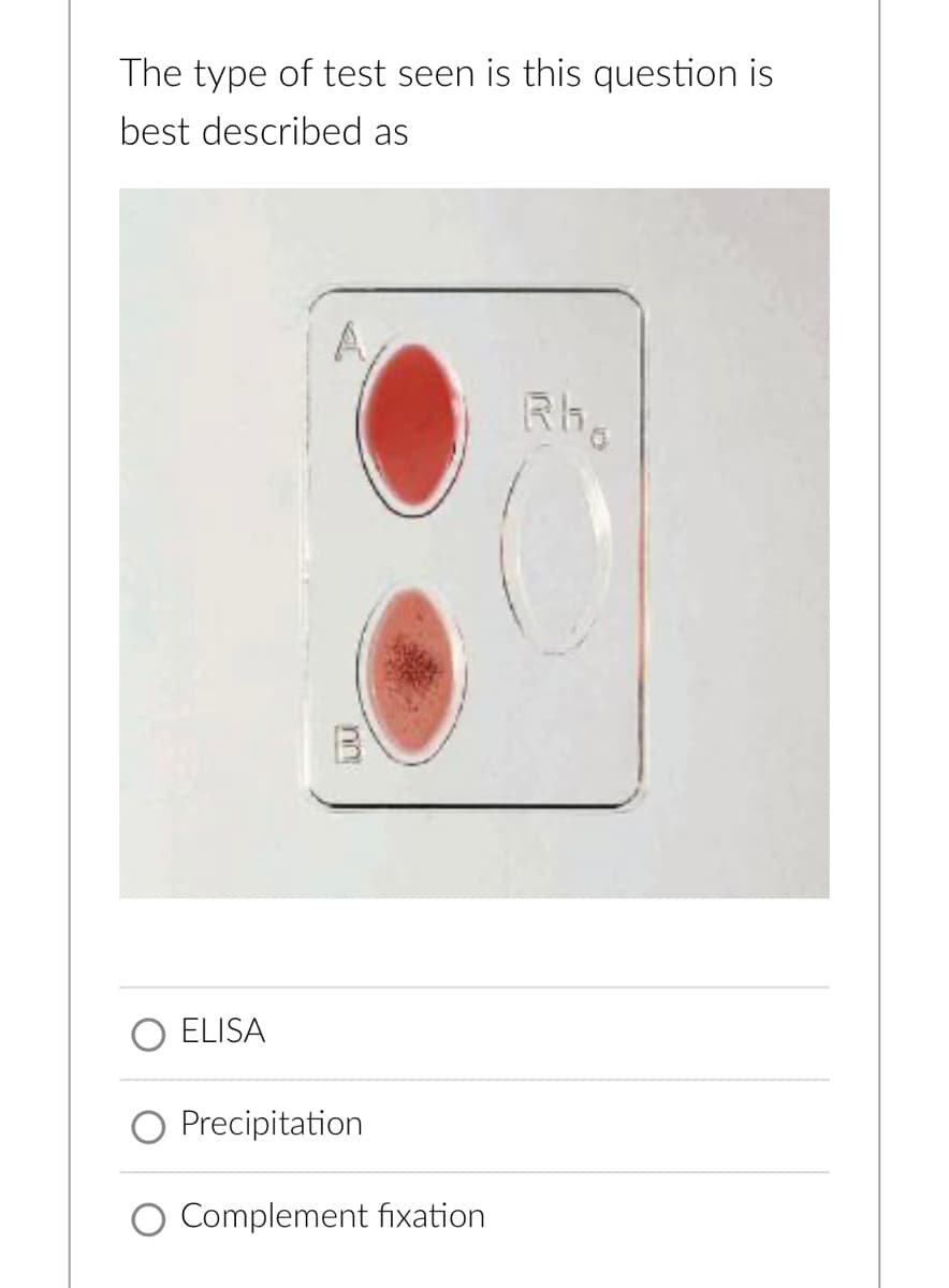 The type of test seen is this question is
best described as
ELISA
ՍԱ
Precipitation
Complement fixation
Rho