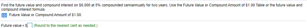 Find the future value and compound interest on $6,000 at 5% compounded semiannually for two years. Use the Future Value or Compound Amount of $1.00 Table or the future value and
compound interest formula,
E Future Value or Compound Amount of $1.00.
Future value = $ (Round to the nearest cent as needed.)
