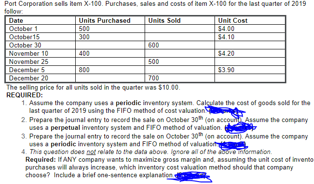 Port Corporation sells item X-100. Purchases, sales and costs of item X-100 for the last quarter of 2019
follow:
Date
Units Purchased
Units Sold
Unit Cost
October 1
October15
October 30
500
300
$4.00
$4.10
600
November 10
400
$4.20
November 25
500
December 5
December 20
800
$3.90
700
The selling price for all units sold in the quarter was $10.00.
REQUIRED:
1. Assume the company uses a periodic inventory system. Calçulate the cost of goods sold for the
last quarter of 2019 using the FIFO method of cost valuation.
2. Prepare the journal entry to record the sale on October 30th (on account Assume the company
uses a perpetual inventory system and FIFO method of valuation.
3. Prepare the journal entry to record the sale on October 30th (on account). Assume the company
uses a periodic inventory system and FIFO method of valuation
4. This question does not relate to the data above. Ignore all of the above information.
Required: If ANY company wants to maximize gross margin and, assuming the unit cost of invento
purchases will always increase, which inventory cost valuation method should that company
choose? Include a brief one-sentence explanation.
