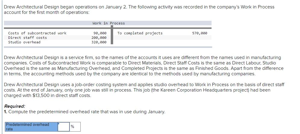 Drew Architectural Design began operations on January 2. The following activity was recorded in the company's Work in Process
account for the first month of operations:
Work in Process
Costs of subcontracted work
90,000
200,000
To completed projects
570,000
Direct staff costs
Studio overhead
320, 000
Drew Architectural Design is a service firm, so the names of the accounts it uses are different from the names used in manufacturing
companies. Costs of Subcontracted Work is comparable to Direct Materials, Direct Staff Costs is the same as Direct Labour, Studio
Overhead is the same as Manufacturing Overhead, and Completed Projects is the same as Finished Goods. Apart from the difference
in terms, the accounting methods used by the company are identical to the methods used by manufacturing companies.
Drew Architectural Design uses a job-order costing system and applies studio overhead to Work in Process on the basis of direct staff
costs. At the end of January, only one job was still in process. This job (the Kareen Corporation Headquarters project) had been
charged with $13,500 in direct staff costs.
Required:
1. Compute the predetermined overhead rate that was in use during January.
Predetermined overhead
rate
%
