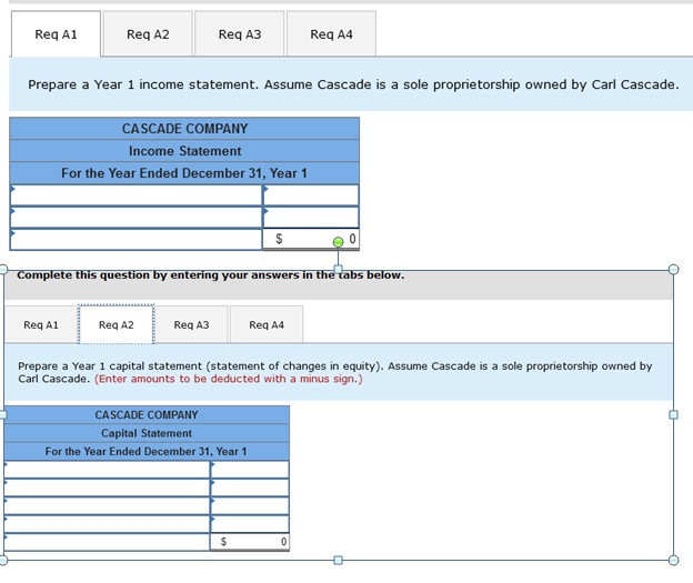 Req A1
Req A2
Req A3
Req A4
Prepare a Year 1 income statement. Assume Cascade is a sole proprietorship owned by Carl Cascade.
CASCADE COMPANY
Income Statement
For the Year Ended December 31, Year 1
24
Complete this question by entering your answers in the tabs below.
Req A1
Req A2
Req A3
Req A4
Prepare a Year 1 capital statement (statement of changes in equity). Assume Cascade is a sole proprietorship owned by
Carl Cascade. (Enter amounts to be deducted with a minus sign.)
CASCADE COMPANY
Capital Statement
For the Year Ended December 31, Year 1
