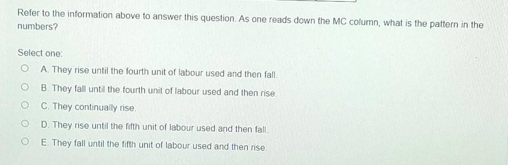 Refer to the information above to answer this question. As one reads down the MC column, what is the pattern in the
numbers?
Select one:
A. They rise until the fourth unit of labour used and then fall.
B. They fall until the fourth unit of labour used and then rise,
C. They continually rise.
D. They rise until the fifth unit of labour used and then fall,
E. They fall until the fifth unit of labour used and then rise.
