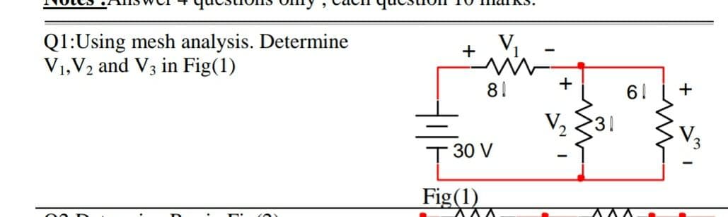 Q1:Using mesh analysis. Determine
V1,V2 and V3 in Fig(1)
+
+
81
61
V2 231
30 V
Fig(1)
00 D
