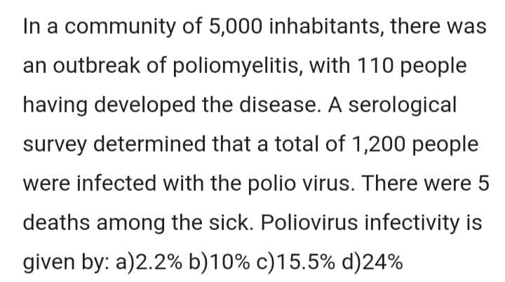 In a community of 5,000 inhabitants, there was
an outbreak of poliomyelitis, with 110 people
having developed the disease. A serological
survey determined that a total of 1,200 people
were infected with the polio virus. There were 5
deaths among the sick. Poliovirus infectivity is
given by: a)2.2% b)10% c)15.5% d)24%
