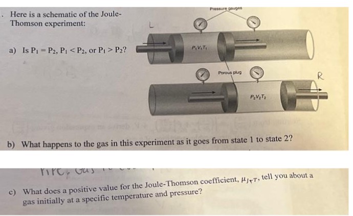 . Here is a schematic of the Joule-
Thomson experiment:
Pressure gauges
a) Is PI = P2, PI < P2, or P1 > P2?
P.VT
Porous plug
R
b) What happens to the gas in this experiment as it goes from state 1 to state 2?
c) What does a positive value for the Joule-Thomson coefficient, urT, tell you about a
gas initially at a specific temperature and pressure?
