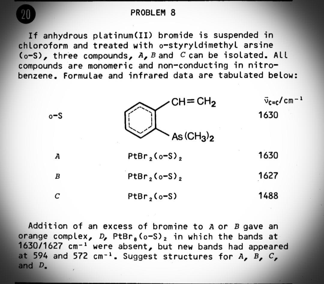 20
PROBLEM 8
If anhydrous platinum(II) bromide is suspended in
chloroform and treated with o-styryldimethyl arsine
(o-S), three compounds, A, B and C can be isolated. ALL
compounds are monomeric and non-conducting in nitro-
benzene. Formulae and infrared data are tabulated below:
CH=CH2
Vc=c/ cm-1
o-S
1630
As (CH3)2
PtBr, (o-S)2
1630
A
PtBr, (o-S)2
1627
B
C
PtBr, (o-S)
1488
Addition of an excess of bromine to A or B gave an
orange complex, D, PtBr, (o-S), in which the bands at
1630/1627 cm- were absent, but new bands had appeared
at 594 and 572 cm-. Suggest structures for A, B, C,
and D.
