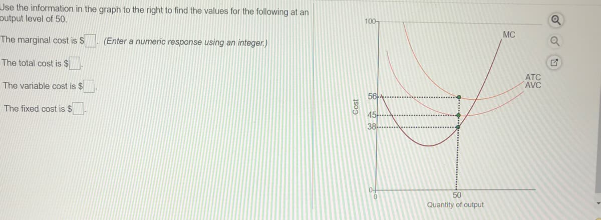 Use the information in the graph to the right to find the values for the following at an
output level of 50.
100-
MC
The marginal cost is $
(Enter a numeric response using an integer.)
The total cost is $
ATC
AVC
The variable cost is $
56:
The fixed cost is $
45...
38......
0+
50
Quantity of output
