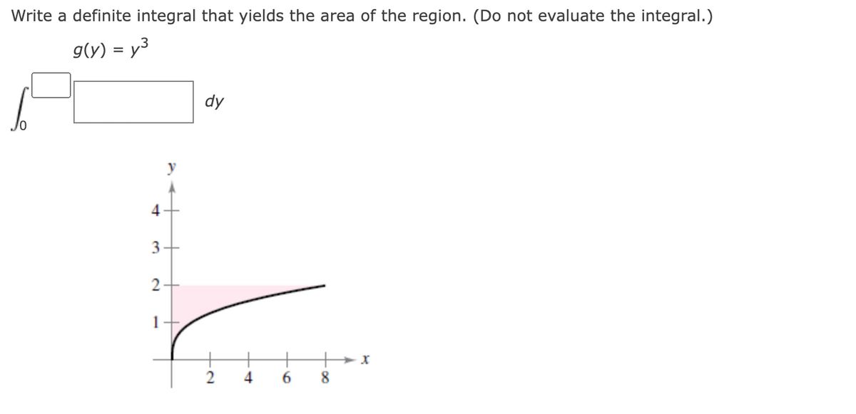 Write a definite integral that yields the area of the region. (Do not evaluate the integral.)
g(y) = y3
dy
y
3+
2+
1
4
8
