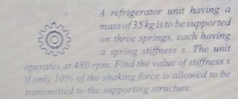A refrigerator unit having a
mass of 35 kg is to be supported
on three springs, each having
a spring stiffness 3. The unit
operates at 480 rpm. Find the value of stiffness s
if only 10% of the shaking force is allowed to be
transmitted to the supporting structure
