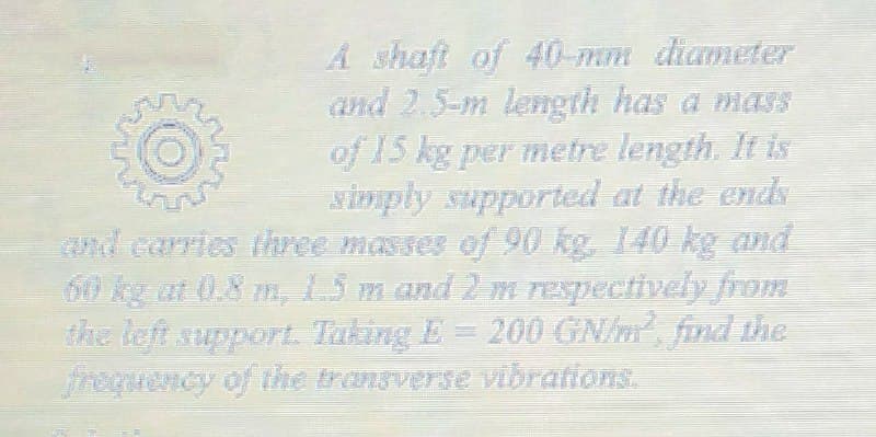 A shaft of 40-mm diameter
and 2.5-m length has a mass
of 15 kg per metre length. It is
vimply supported at the ends
and carries three masses of 90 kg, 140 kg and
60 kg at 0.8 m, 5m and 2 m respectively from
the left support. Taking E = 200 GN/m, find the
requency of the transverse vibrations.
