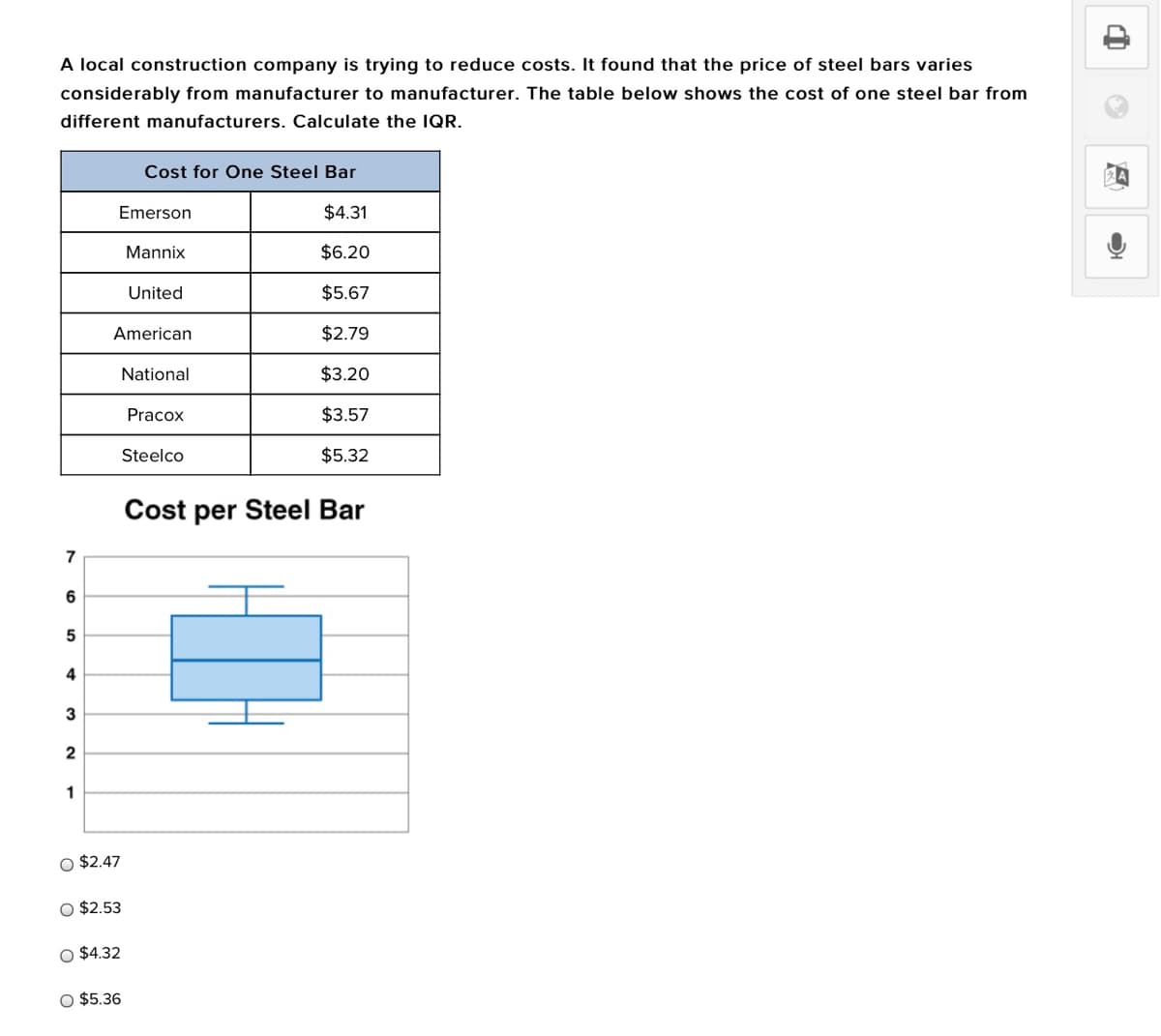 A local construction company is trying to reduce costs. It found that the price of steel bars varies
considerably from manufacturer to manufacturer. The table below shows the cost of one steel bar from
different manufacturers. Calculate the IQR.
Cost for One Steel Bar
Emerson
$4.31
Mannix
$6.20
United
$5.67
American
$2.79
National
$3.20
Pracox
$3.57
Steelco
$5.32
Cost per Steel Bar
7
6
4
3
2
1
O $2.47
O $2.53
O $4.32
O $5.36
