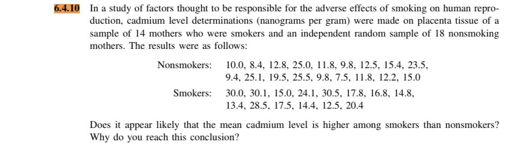 6.4.10 In a study of factors thought to be responsible for the adverse effects of smoking on human repro-
duction, cadmium level determinations (nanograms per gram) were made on placenta tissue of a
sample of 14 mothers who were smokers and an independent random sample of 18 nonsmoking
mothers. The results were as follows:
Nonsmokers:
10.0, 8.4, 12.8, 25.0, 11.8, 9.8, 12.5, 15.4, 23.5,
9.4, 25.1, 19.5, 25.5, 9.8, 7.5, 11.8, 12.2, 15.0
Smokers:
30.0, 30.1, 15.0, 24.1, 30.5, 17.8, 16.8, 14.8,
13.4, 28.5, 17.5, 14.4, 12.5, 20.4
Does it appear likely that the mean cadmium level is higher among smokers than nonsmokers?
Why do you reach this conclusion?
