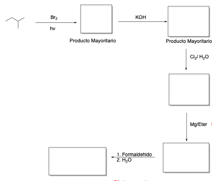 Br2
кон
hv
Producto Mayoritario
Producto Mayoritario
Cl/ H,0
Mg/Eter
1. Formaldehido
2. H20
