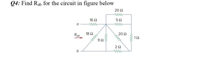 Q4: Find Rab for the circuit in figure below
20Ω
ww
16 2
ww
ww
Rab 18 2
92
20Ω
ww

