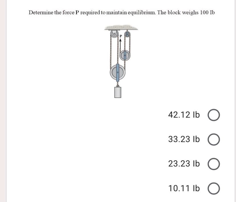 Determine the force P required to maintain equilibrium. The block weighs 100 Ib
42.12 Ib O
33.23 Ib O
23.23 Ib O
10.11 Ib O
of
