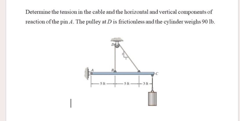 Determine the tension in the cable and the horizontal and vertical components of
reaction of the pin A. The pulley at D is frictionless and the cylinder weighs 90 lb.
D
BA
-5ft-
- 5 ft-
- 3 ft-
