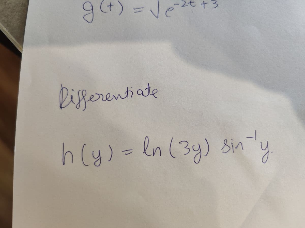 g(t) = √c
2t +3
Differentiate
h(y) = ln (3y) sin 'y