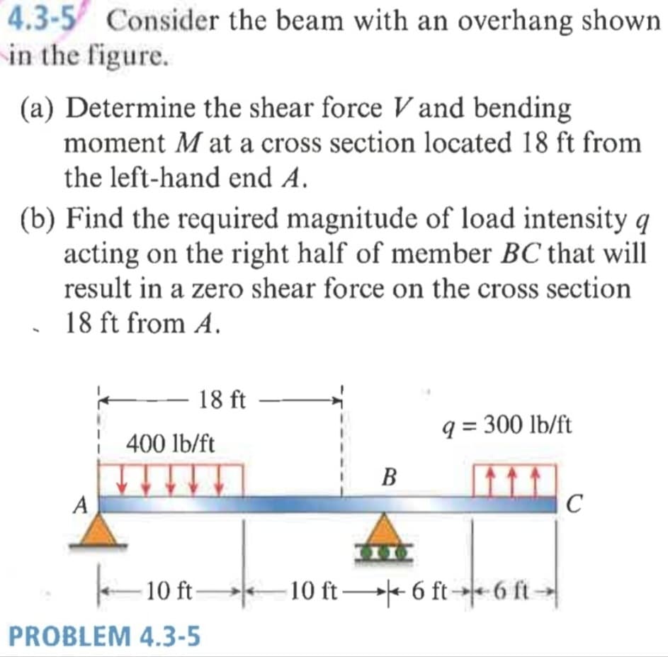 4.3-5 Consider the beam with an overhang shown
in the figure.
(a) Determine the shear force V and bending
moment M at a cross section located 18 ft from
the left-hand end A.
(b) Find the required magnitude of load intensity q
acting on the right half of member BC that will
result in a zero shear force on the cross section
18 ft from A.
18 ft
q = 300 lb/ft
400 lb/ft
B
A
C
10 ft-
10 ft + 6 ft→* 6 ft-→
PROBLEM 4.3-5
