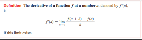 Definition The derivative of a function ƒ at a number a, denoted by f'(a),
is
f(a + h) – f(a)
f'(a) = lim
h-0
h
if this limit exists.
