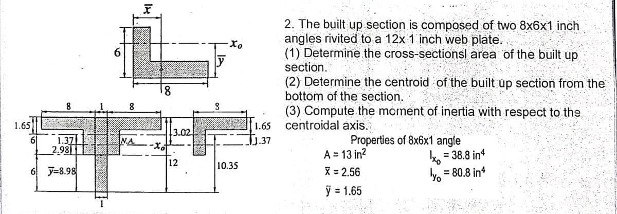 2. The built up section is composed of two 8x6x1 inch
angles rivited to a 12x 1 inch web plate.
(1) Determine the cross-sectionsl area of the built up
section.
(2) Determine the centroid of the built up section from the
bottom öf the section.
(3) Compute the moment of inertia with respect to the
centroidal axis.
6.
8
8.
1.65)
1.65
3.02
1.37
Properties of 8x6x1 angle
A = 13 in?
X = 2.56
61
N.A.
J.37
2.98
= 38.8 in
12
10.35
6 y=8.98
= 80.8 in4
%3D
y = 1.65
1
00
