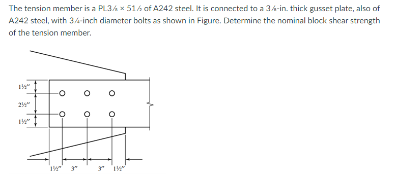 The tension member is a PL3/6 x 51/½ of A242 steel. It is connected to a 3/4-in. thick gusset plate, also of
A242 steel, with 3/4-inch diameter bolts as shown in Figure. Determine the nominal block shear strength
of the tension member.
12"
22"
12"
12"
3"
3"
1
