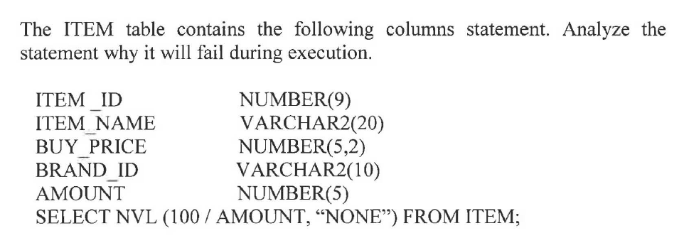 The ITEM table contains the following columns statement. Analyze the
statement why it will fail during execution.
ITEM ID
NUMBER(9)
VARCHAR2(20)
NUMBER(5,2)
VARCHAR2(10)
NUMBER(5)
SELECT NVL (100 / AMOUNT, “NONE") FROM ITEM;
ITEM NAME
BUY PRICE
BRAND ID
AMOUNT
