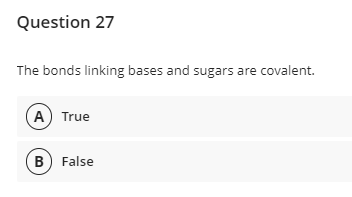 Question 27
The bonds linking bases and sugars are covalent.
A True
B) False
