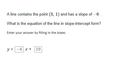 A line contains the point (3, 1) and has a slope of –6.
What is the equation of the line in slope-intercept form?
Enter your answer by filling in the boxes.
=-6 x +
19
