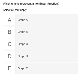 Which graphs represent a nonlinear function?
Select all that apply.
A
Graph A
Graph B
Graph C
D Graph D
Graph E
