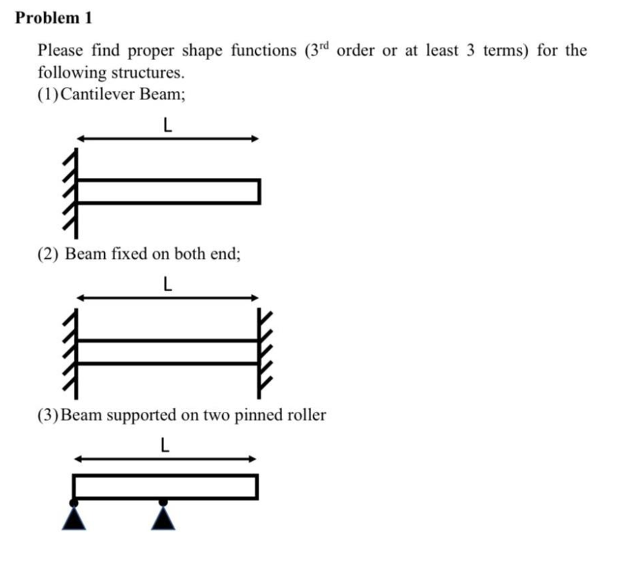 Problem 1
Please find proper shape functions (3rd order or at least 3 terms) for the
following structures.
(1) Cantilever Beam;
L
(2) Beam fixed on both end;
L
(3) Beam supported on two pinned roller
L