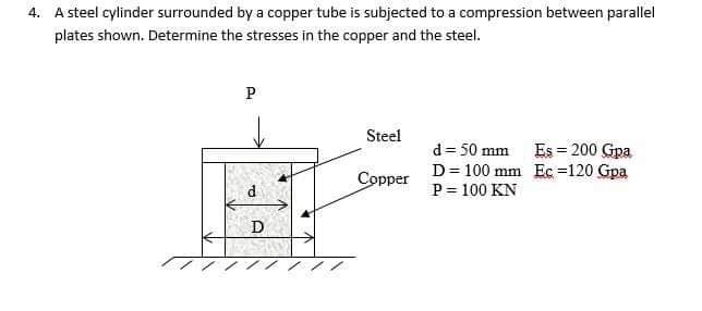 4. A steel cylinder surrounded by a copper tube is subjected to a compression between parallel
plates shown. Determine the stresses in the copper and the steel.
P
Steel
d = 50 mm Es = 200 Gpa
D= 100 mm Ec =120 Gpa
P = 100 KN
Copper
d
D

