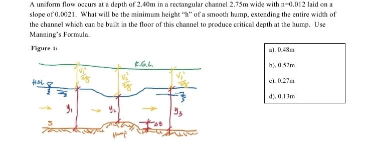 A uniform flow occurs at a depth of 2.40m in a rectangular channel 2.75m wide with n-0.012 laid on a
slope of 0.0021. What will be the minimum height "h" of a smooth hump, extending the entire width of
the channel which can be built in the floor of this channel to produce critical depth at the hump. Use
Manning's Formula.
Figure 1:
a). 0.48m
E.G.L.
b). 0.52m
c). 0.27m
d). 0.13m
